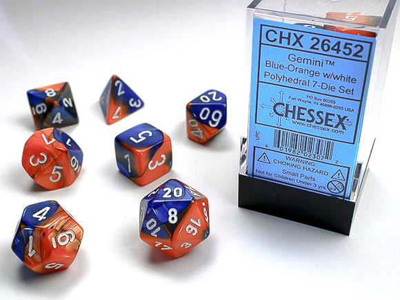Chessex Dice: Gemini Polyhedral Set Poly Blue Orange/White (7)