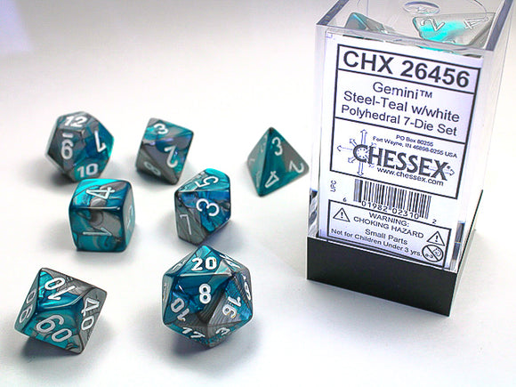 Chessex Dice: Gemini Polyhedral Set Poly Steel Teal/White (7)