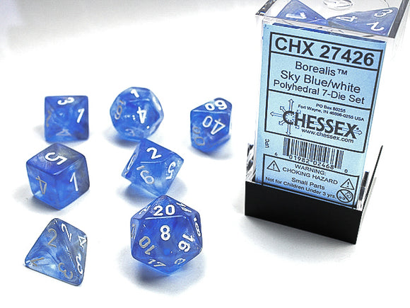 Chessex Dice: Borealis Polyhedral Set Sky Blue/White (7)
