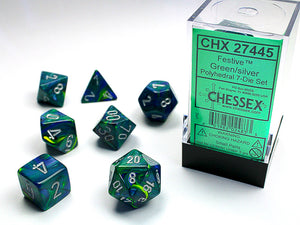 Chessex Dice: Festive Polyhedral Set Green/Silver (7)