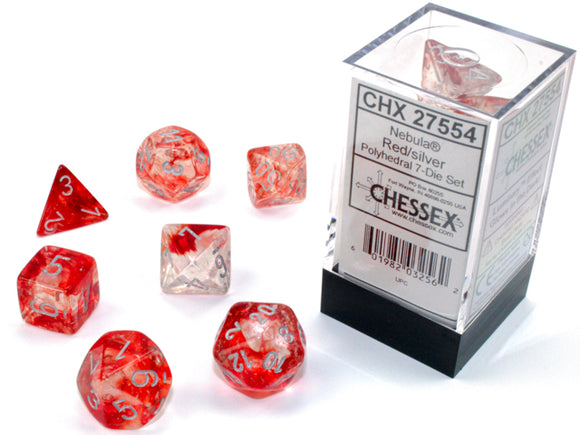 Chessex Dice: Nebula Polyhedral Set Red/Silver Luminary (7)