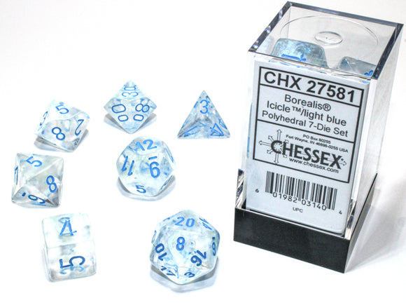 Chessex Dice: Borealis Polyhedral Set Luminary Icile/Light Blue (7)
