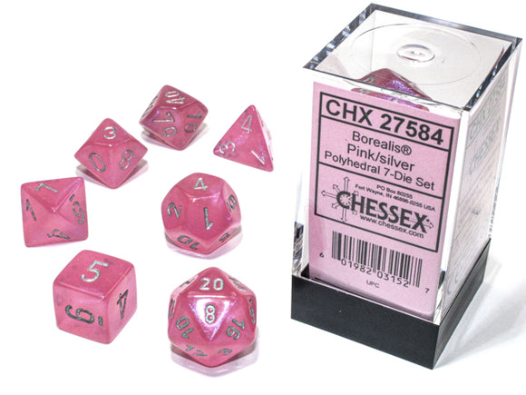 Chessex Dice: Borealis Polyhedral Set Luminary Pink/Silver (7)