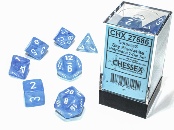 Chessex Dice: Borealis Polyhedral Set Luminary Sky Blue/White (7)
