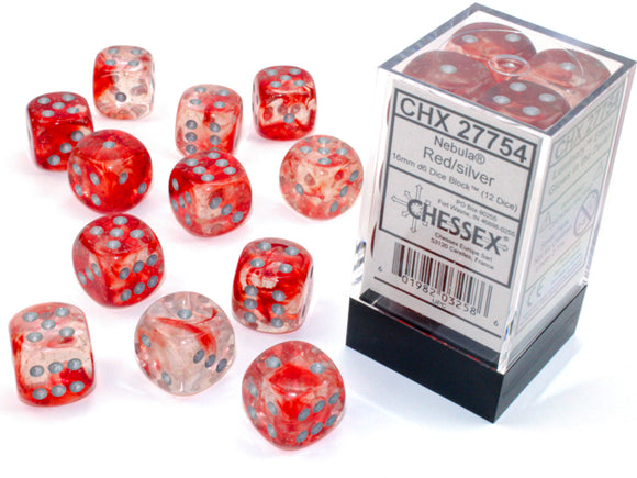 Chessex Dice: Nebula - 16mm D6 Red/Silver Luminary Dice Block (12)