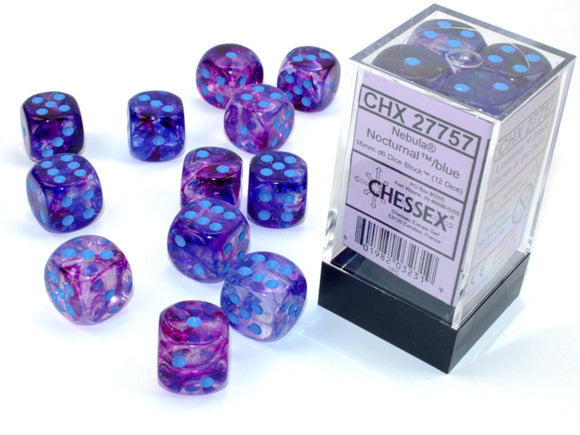 Chessex Dice: Nebula - 16mm D6 Nocturnal/Blue Luminary Dice Block (12)
