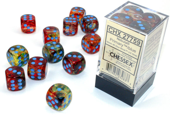 Chessex Dice: Nebula - 16mm D6 Primary/Blue Luminary Dice Block (12)