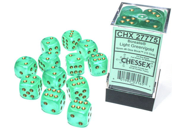 Chessex Dice: Borealis 16mm D6 Luminary Light Green/Gold (12)