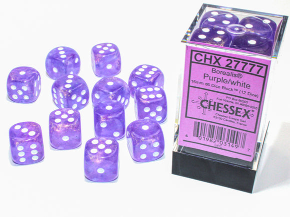 Chessex Dice: Borealis 16mm D6 Luminary Purple/White (12)