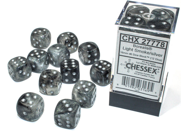 Chessex Dice: Borealis 16mm D6 Luminary Light Smoke/Silver (12)