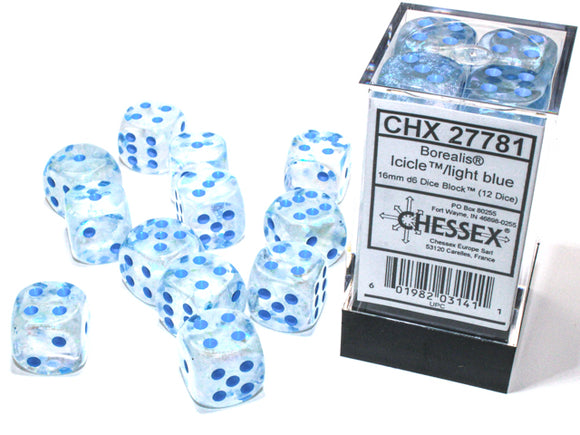 Chessex Dice: Borealis 16mm D6 Luminary Icicle/Light Blue (12)
