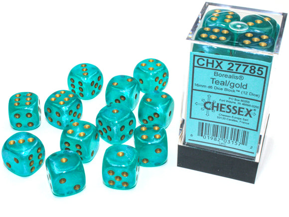 Chessex Dice: Borealis 16mm D6 Luminary Teal/Gold (12)