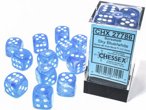 Chessex Dice: Borealis 16mm D6 Luminary Sky Blue/White (12)
