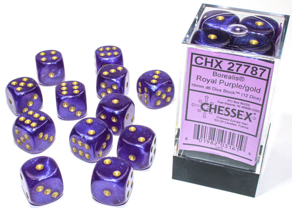Chessex Dice: Borealis 16mm D6 Luminary Royal Purple/Gold (12)
