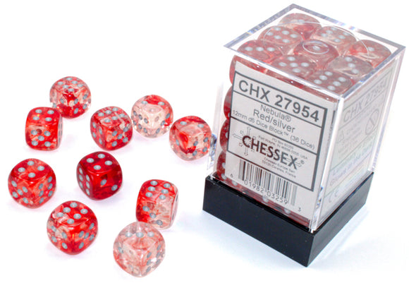 Chessex Dice: Nebula - 12mm D6 Red/Silver Luminary Dice Block (36)