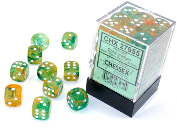 Chessex Dice: Nebula - 12mm D6 Spring/White Luminary Dice Block (36)