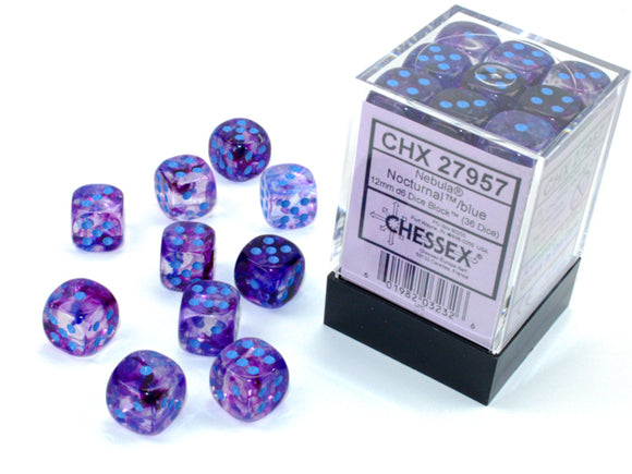 Chessex Dice: Nebula - 12mm D6 Nocturnal/Blue Luminary Dice Block (36)