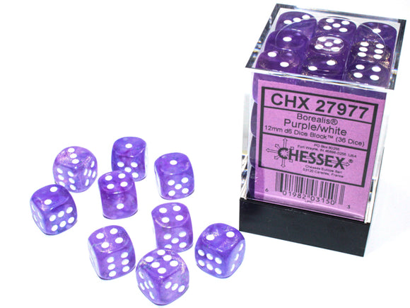 Chessex Dice: Borealis - 12mm D6 Luminary Purple/White (36)