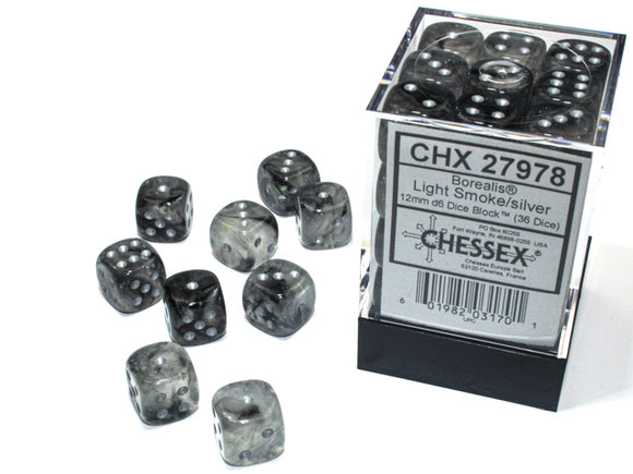 Chessex Dice: Borealis - 12mm D6 Luminary Light Smoke/Silver (36)