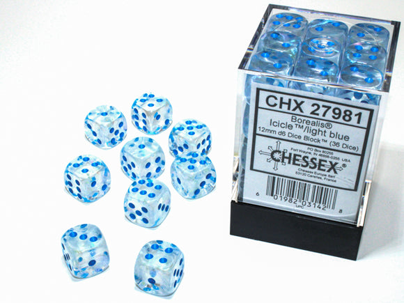 Chessex Dice: Borealis - 12mm D6 Luminary Icicle/Light Blue (36)