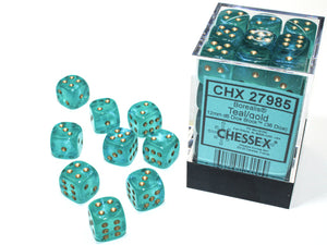 Chessex Dice: Borealis - 12mm D6 Luminary Teal/Gold (36)