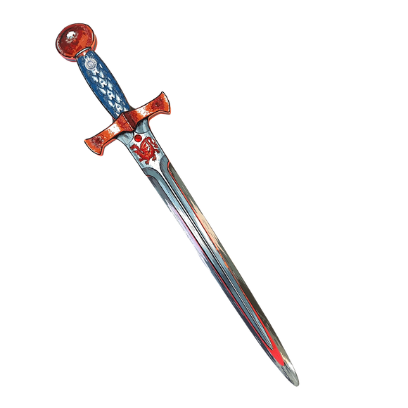 The Amber Dragon Knight sword at a 45 degree angle pointed down. The handle is blue with a orange/amber pommel and hilt. the sword is comprised of a sliver color with a dragon and gem center-painted by the hilt.