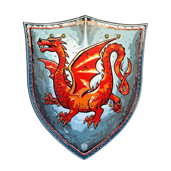 A picture of the Amber Dragon Knight Foam Shield, The shield is a blue gray with a red dragon painted on the front. The dragon has its right claw slightly raised as it looks angerly off to the right side.