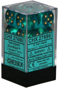 Chessex Dice: Borealis - 16mm D6 Teal/Gold (12)