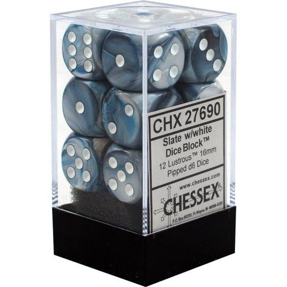 Chessex Dice: Lustrous - 16mm D6 Slate/White (12)