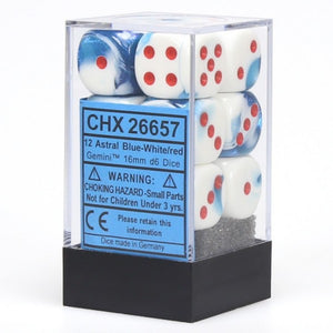 Chessex Dice: Gemini - 16mm D6 Astral Blue/White/Red (12)