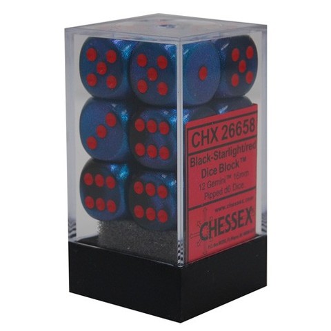 Chessex Dice: Gemini - 16mm D6 Black Starlight/Red (12)