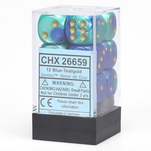 Chessex Dice: Gemini - 16mm D6 Blue/Teal/Gold (12)