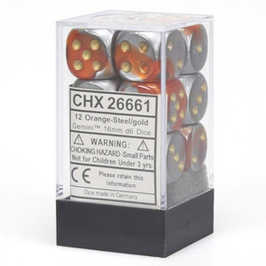 Chessex Dice: Gemini - 16mm D6 Orange/Steel/Gold (12)
