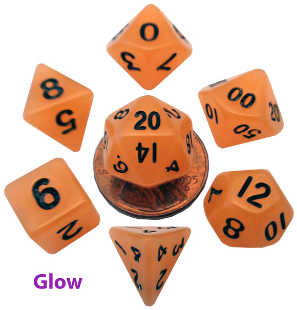 Metallic Dice Games: 10mm Mini Poly Dice Set - Glow in the Dark Orange with Black Numbers (7)