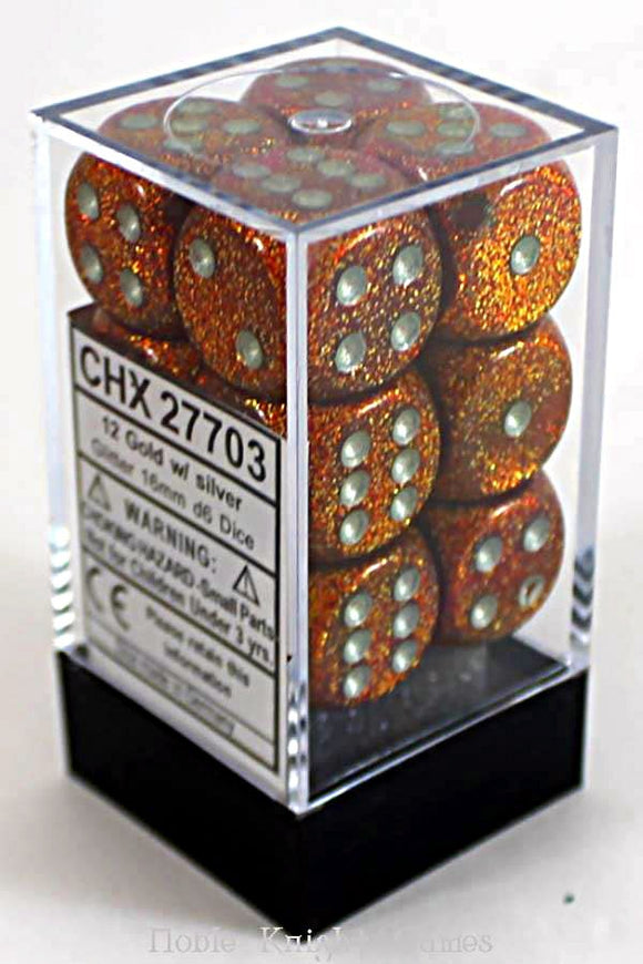Chessex Dice: Glitter - 16mm D6 Gold/Silver (12)