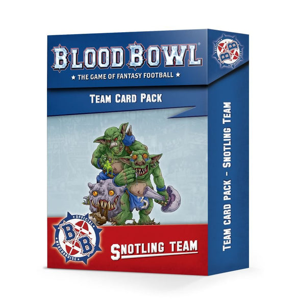 Blood Bowl: Snotling Team Card Pack. The packaging is red white and blue with 2 goblins and a friend on the front.