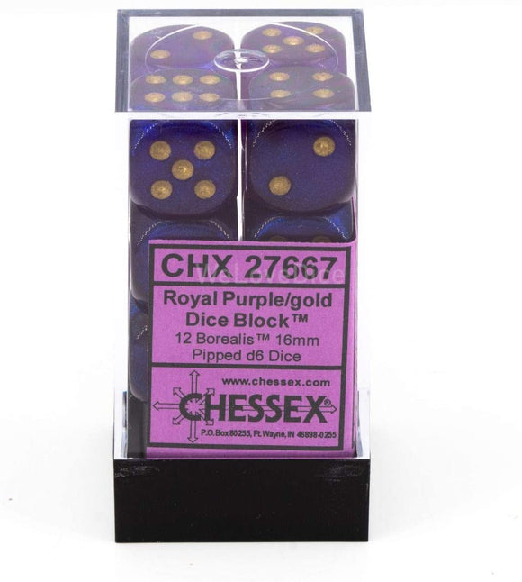 Chessex Dice: Borealis - 16mm D6 Royal Purple/Gold (12)
