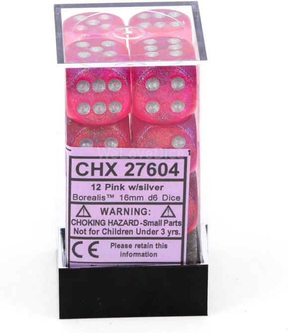 Chessex Dice: Borealis - 16mm D6 Pink/Silver (12)