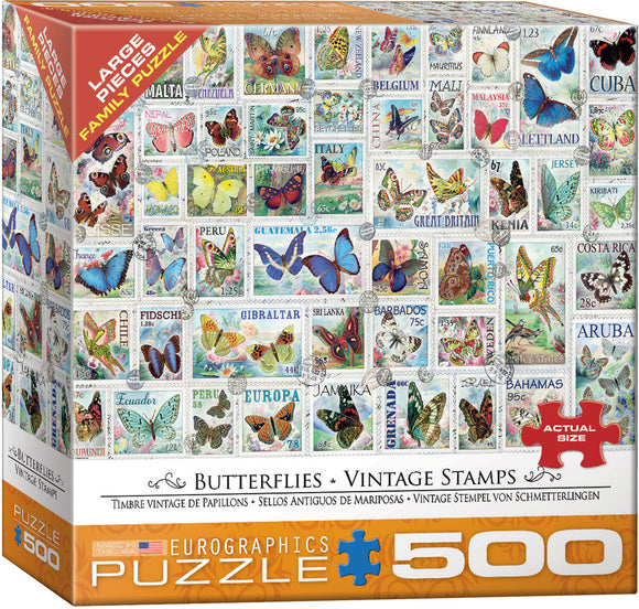 Puzzle: Variety 500 Pieces - Butterflies Vintage Stamps