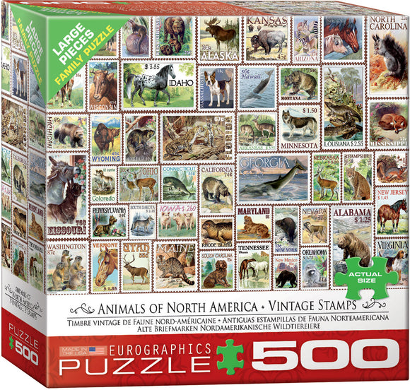 Puzzle: Variety 500 Pieces - Animals of North America - Vintage Stamps