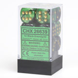 Chessex Dice: Gemini - 16mm D6 Black Green/Gold (12)