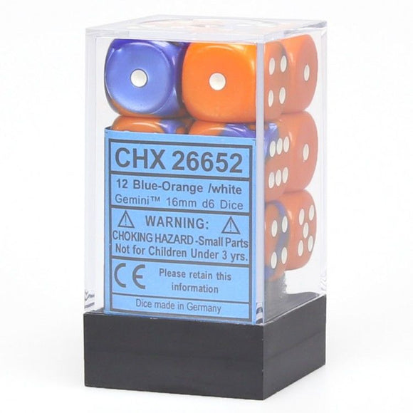 Chessex Dice: Gemini - 16mm D6 Blue Orange/White (12)