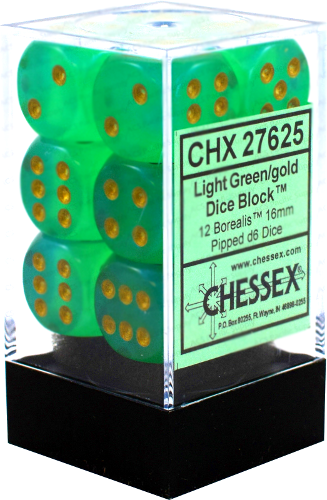 Chessex Dice: Borealis - 16mm D6 Light Green/Gold (12)