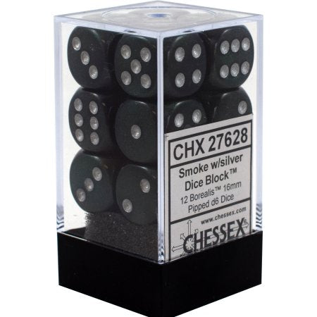 Chessex Dice: Borealis - 16mm D6 Smoke/Silver (12)