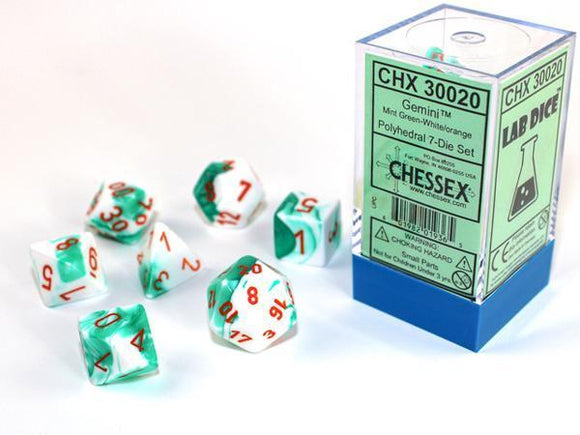 Chessex Dice: Gemini Polyhedral Set Mint Green/White/Orange (7)