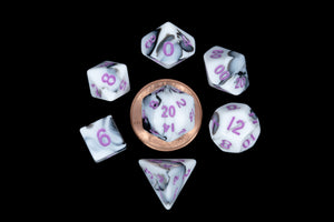 Metallic Dice Games: 10mm Mini Poly Dice Set - Marble with Purple Numbers (7)