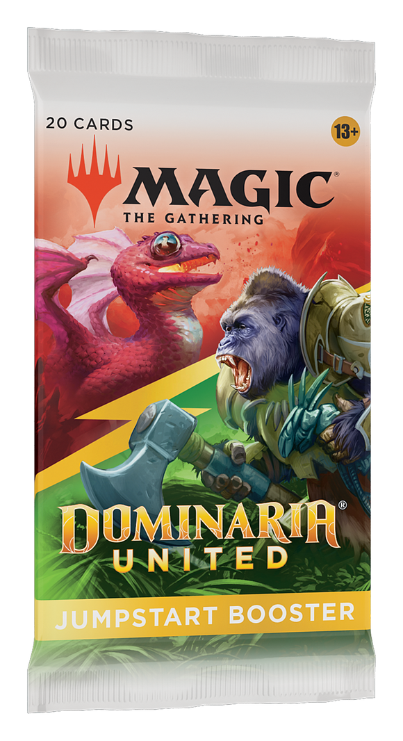 Magic: the Gathering - Dominaria United Jumpstart Booster Pack. Feature a red dragon vs ape