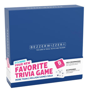 The front cover of the game. A small paper sleeve is wrapped around wiht 'it's here your new favorite game. more than 2 million sold. Use a Bezzerwizzer when you know something your opponents don't. 20 categories, there's a question to suit every player.' Beneath the sleeve reveals a royal blue box with the words "Bezzerwizzer the game of trivia, tactics and trickery" printed with white print 