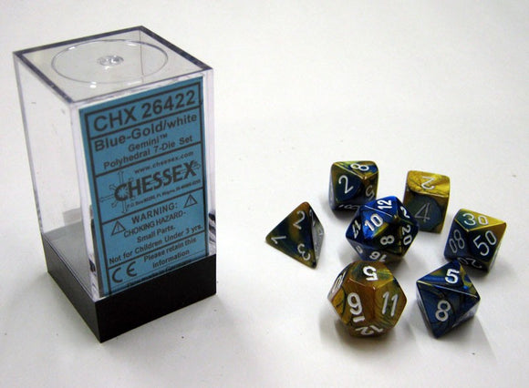 Chessex Dice: Gemini Polyhedral Set Blue Gold/White (7)