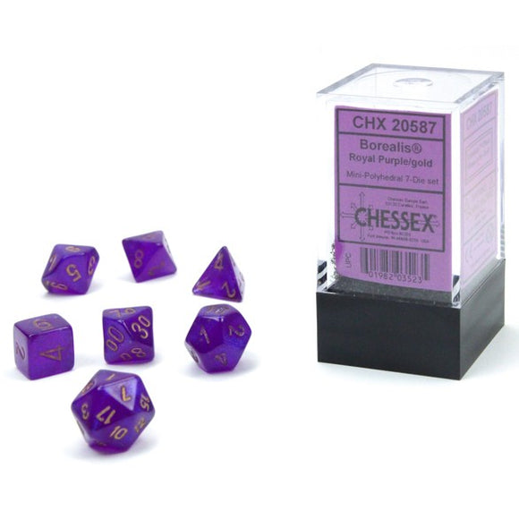 Chessex Dice: Borealis Mini Polyhedral Set Luminary oyal Purple/Gold (7)